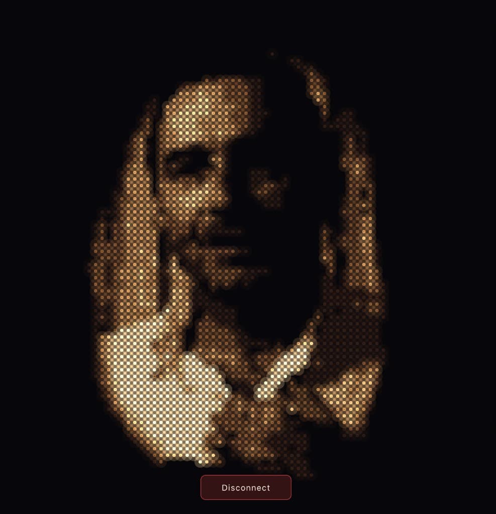 Bogusław AI interface shown as a rough, glowing dot pattern portrait while listening, with a disconnect button below