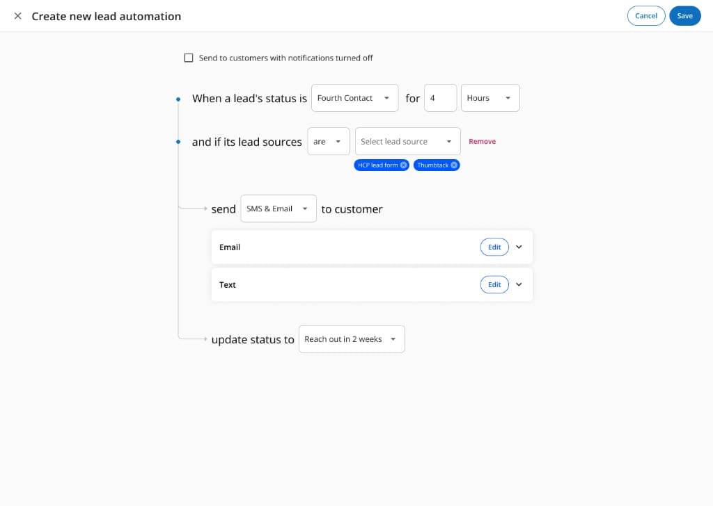 Create new lead automation screen showing sentence-style trigger, conditions, message actions, and status update