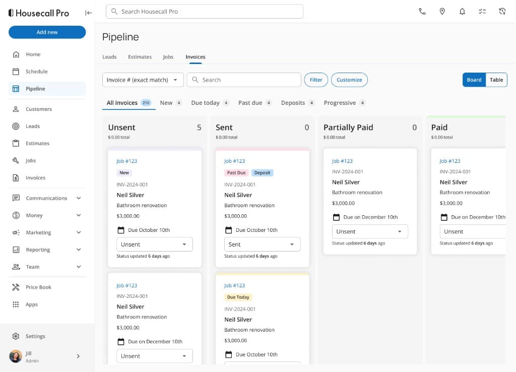 Housecall Pro Pipeline invoice board with kanban columns for Unsent, Sent, Partially Paid, and Paid