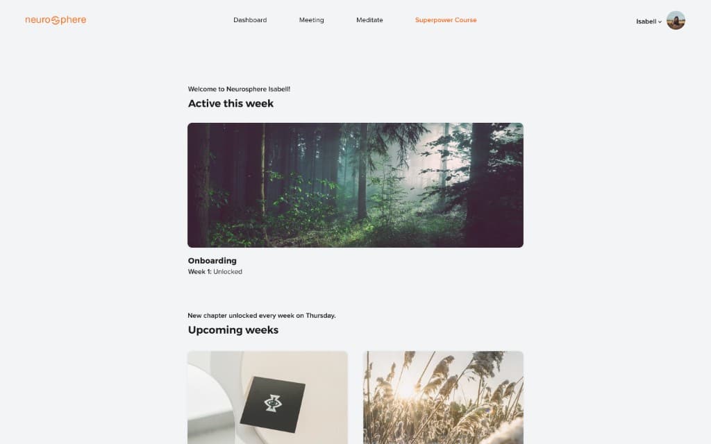 Neurosphere Superpower Course web platform showing weekly course chapters, onboarding, and upcoming content