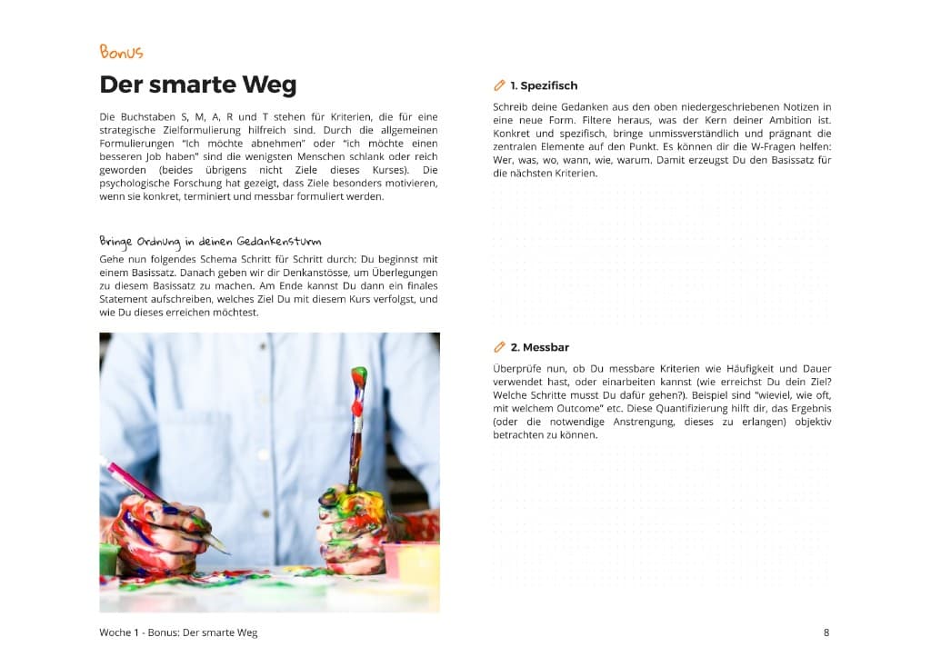 Neurosphere course workbook page showing SMART goal-setting exercises with guided prompts and writing areas