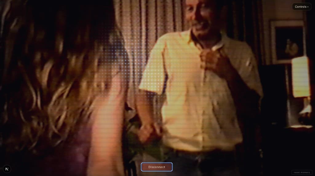 Grainy VHS clip of my grandfather talking, shown while Bogusław AI recalls that memory