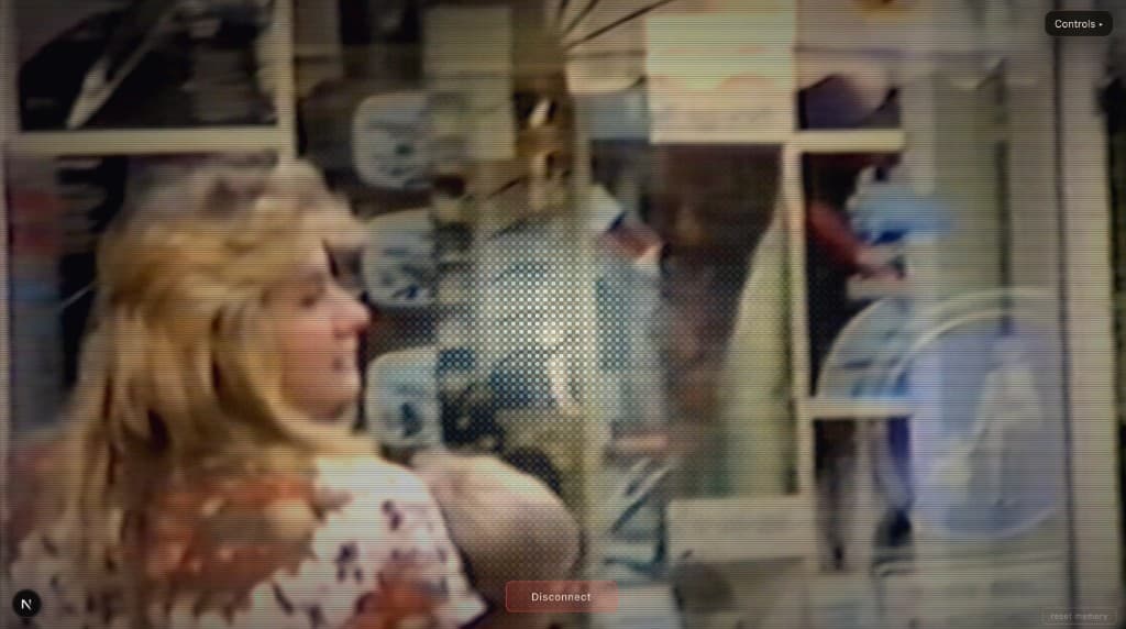 Grainy VHS clip inside a shop, shown while Bogusław AI recalls that memory