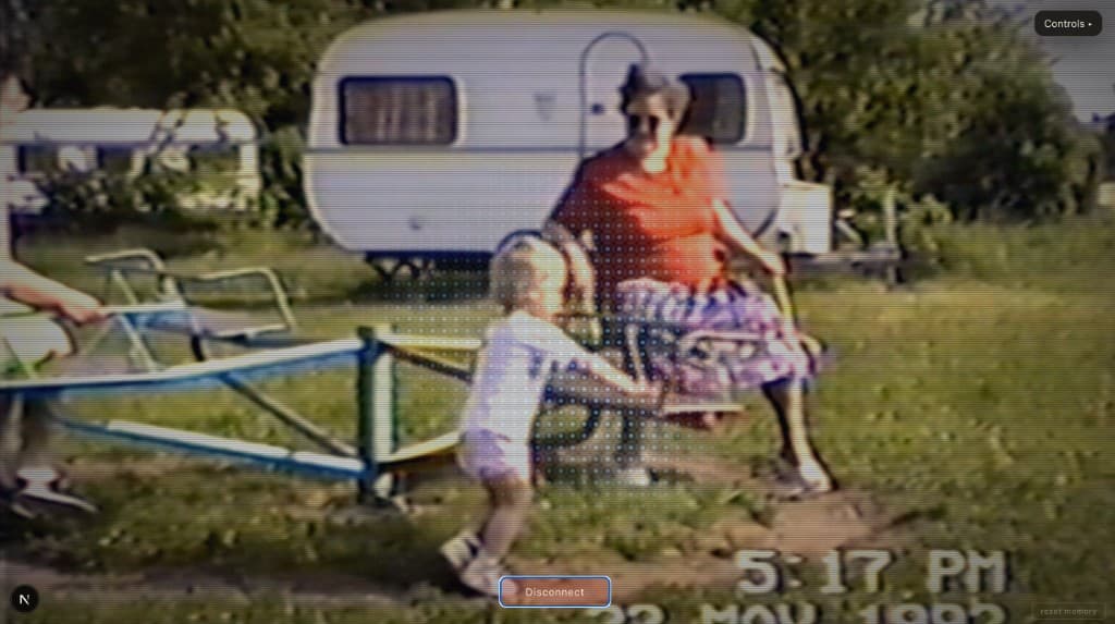 Grainy VHS clip of a family gathering at a caravan, shown while Bogusław AI recalls that memory