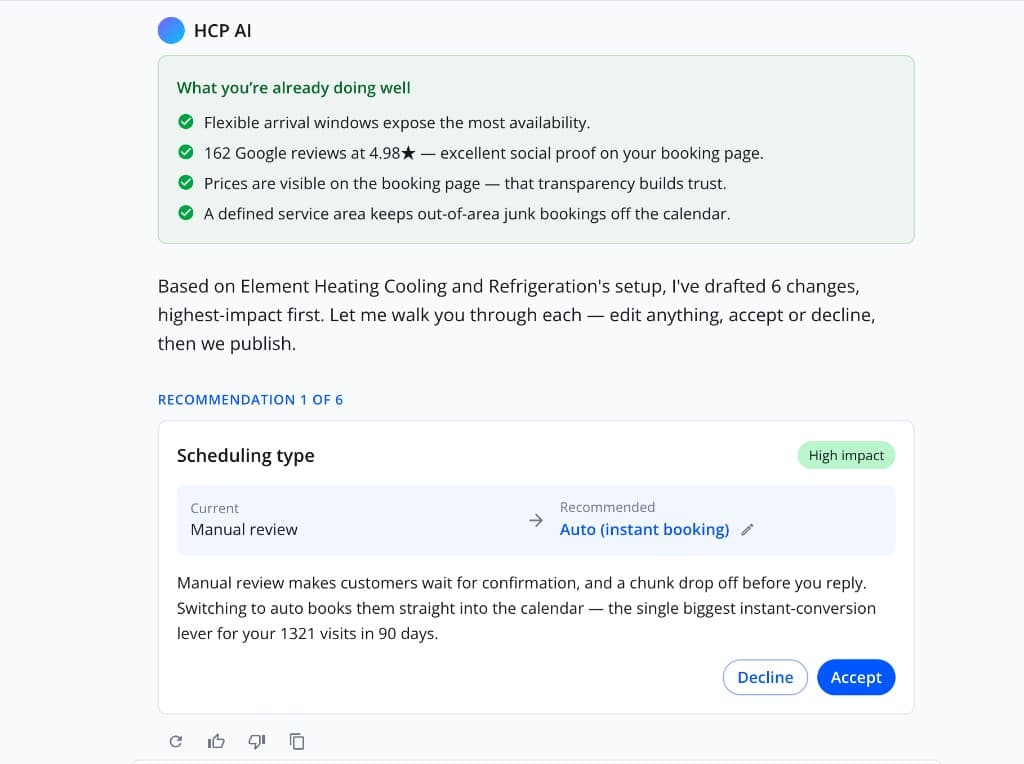 HCP AI booking agent showing a high-impact scheduling type recommendation with accept and decline actions