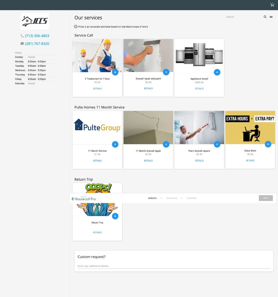 Legacy Online Booking desktop experience with a dense service grid and limited mobile support