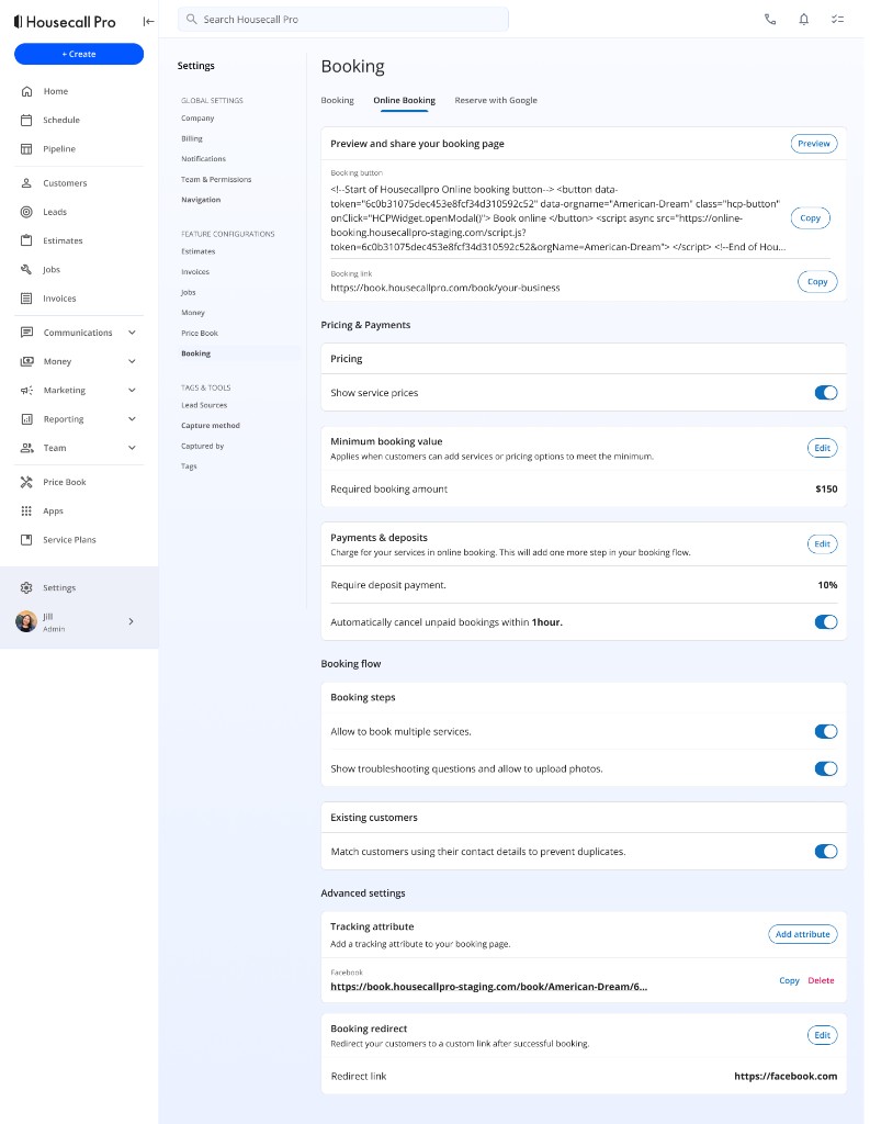 Rebuilt Online Booking settings with card-based sections for preview, pricing, payments, and booking flow